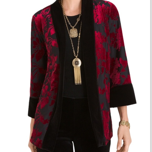 Chicos Travelers Collection Reversible Black To Red Velvet Floral Jacket NWT - Picture 2 of 11